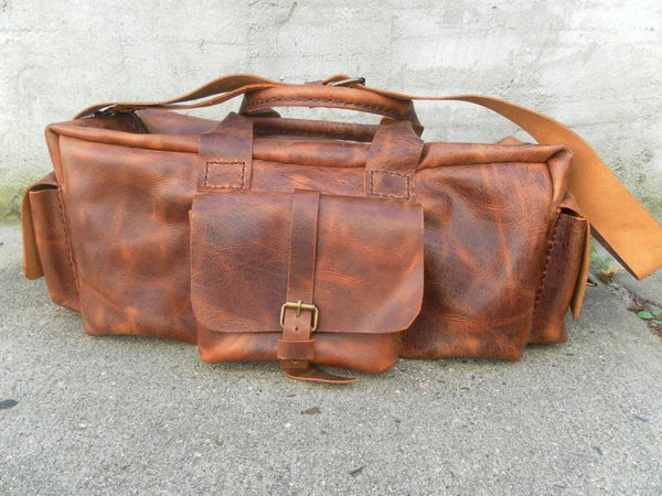 Distressed Tan Duffle Bag-Leather Weekender Luggage Bag