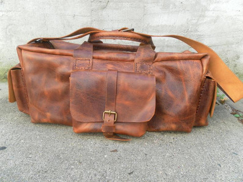 Distressed Tan Duffle Bag-Leather Weekender Luggage Bag